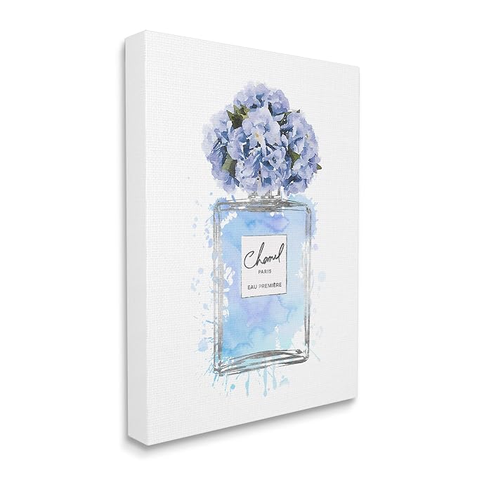 Blue Flowers Perfume Bottle Glam, 36 x 48 Inch Canvas Wall Art | Stupell Industries · By Amanda Greenwood · Ready to hang · Chic fashion inspired decor for living room or bedroom