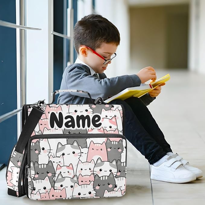 Custom Cute Cats Grey Pink 3 Ring Binder Bag 1.5 inch Personalized Name Binder Organizer 500 Sheet Documents Storage for School Office