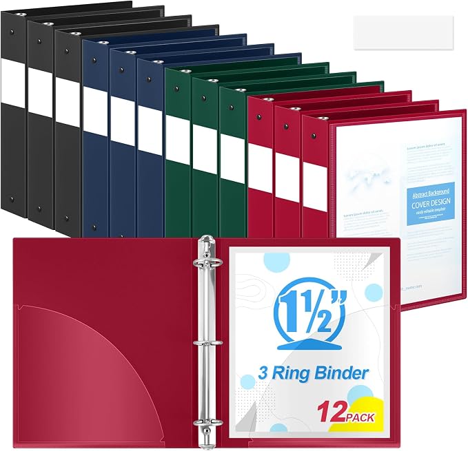 Henoyso 1.5 Inch 3 Ring Binders with Clear Front Cover and 2 Pockets, Round Ring Binders Fits 8.5'' x 11'' Letter Size Paper for School Office Supplies, 12 Pack (Assorted Classic Color)