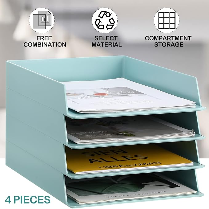 Tatuo 4 Pack Stackable Paper Trays Plastic Letter Tray Desk Organizer Paper Holder Organizer Storage Office Desk Accessories for Classroom Magazine File Documents 12.8 x 9.45 x 1.97, Blue Green