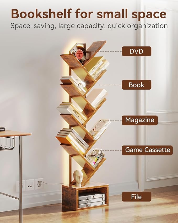 Casaottima Tree Bookshelf with LED Lights, 8-Tier Small Bookshelf, Vintage | Narrow Bookcase for Small Spaces, Steel & Wood Storage Shelf with Cabinet, Home Organizer for Living Room, Bedroom, Office