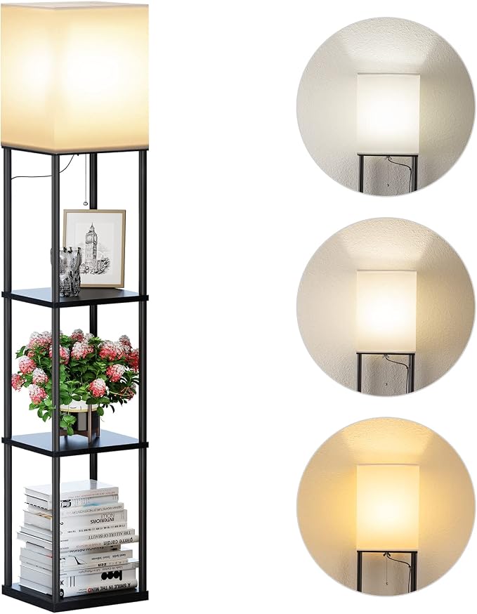 SUNMORY Floor Lamp with Shelves, Standing Lamps for Living Room, Black | 3 CCT LED Bulb Include, 4-Tier Display Bookshelf, 63" Tall Corner Shelf Lamp, Modern Style for Bedroom, Office, Home Decor