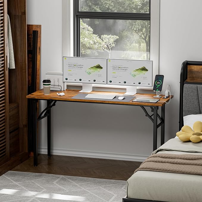1TEMI Long Computer Desk Folding Table - No Assembly, Compact 55.1" Foldable Desk with Power Outlets & USB Charging Port, Portable Lagre Office Desk, Ideal Large Study Table for Narrow Spaces, Brown