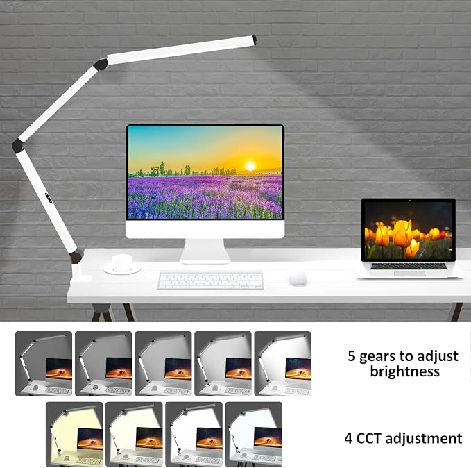LED Desk Lamp for Home Office, Architect Clamp Desk Lamp with Remote Control, Adjustable Dimmable Swing Arm Clamp on Table Light Clip-on Dual Light 5 Brightness Levels & 4 CCT Modes