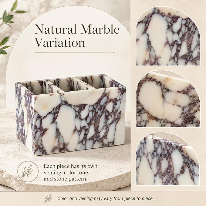3-Compartment Natural Marble Desk Organizer, 5.91 in | 3-Compartment Natural Marble Organizer for Pens, Brushes and Small Items