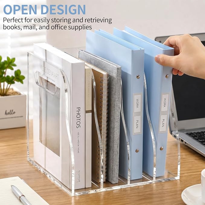 Acrylic Magazine File Holder, 4 Vertical Clear File Organizer Desk Organizer, Compartments Desk Document Sorter, Stores Books, Magazines, Notebooks, Multi-purpose Document Organizer for Home, Office