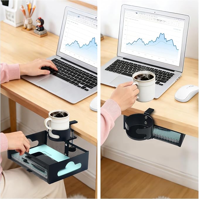 Under Desk Organizer 360° Swivel with Cup Holder,Holds Up to 7lbs | 360° rotation,no-drill clamp,holds up to 7lbs, cup holder,mesh storage,office/kitchen/art use