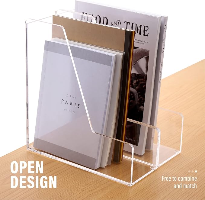 YUXUN 4-Pack Vertical File Holder for Desk, Acrylic Magazine Holder,Clear | Clear Binder Organizer Document Rack with Non-Slip Pads, Desktop Storage for Office, Home & School Lockers