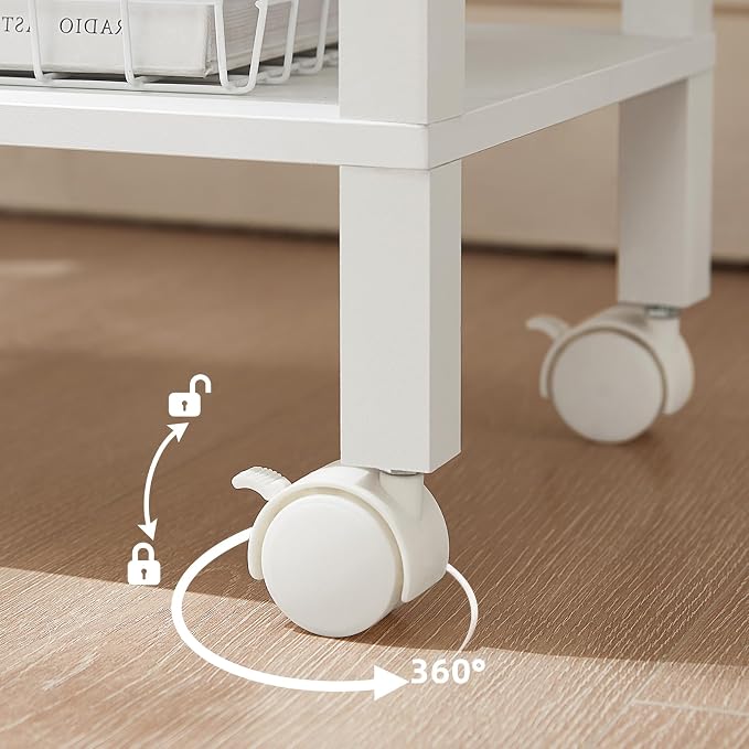 YUFAM 2 Tier Under Desk Printer Stand with Charging Station, White | Wooden Small Printer Table for Home Office, Rolling Printer Cart Shelf with Lockable Wheels