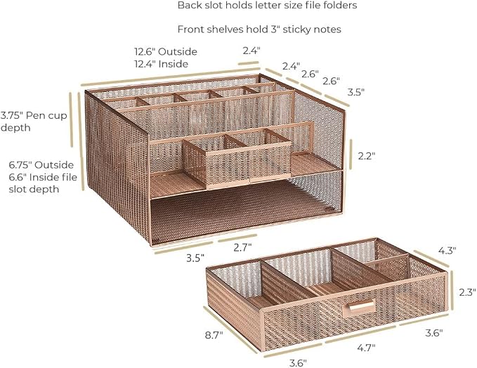 BLU MONACO Large Rose Gold Desk Organizer | 12-Compartment Metal Mesh Desktop Organizer with Drawer | Office Supplies & File Holder for Home Office, Workspaces, Vanity & Craft Storage