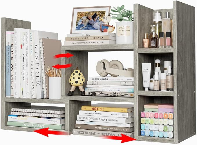 NUTIKAS Desk Shelves Desktop Organizer Shlef - Grey Office Organization for Top of Desk Organizers and Accessories Corner Bookshelf Table Top Shelving Small Hutch Decorations for Office