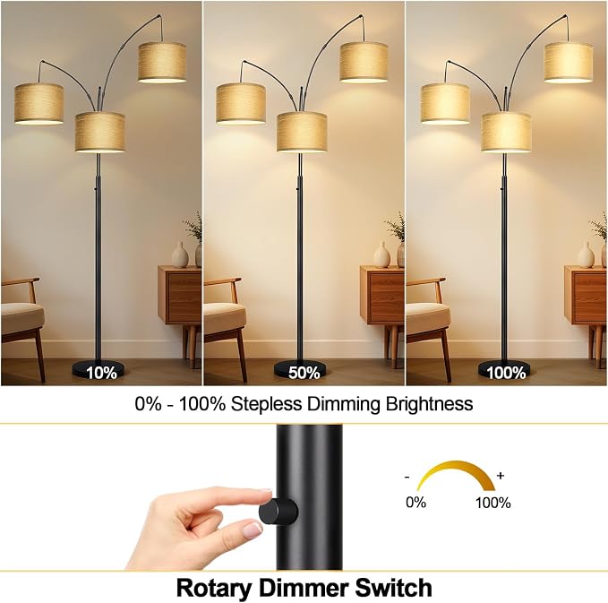 Nintiue Dimmable Floor Lamp - 3 Lights Gold Arc Floor Lamps for Living Room, 1000LM Modern Tall Standing Lamp with Black Shades&Heavy Base,3 LED Bulbs Included-Champagne