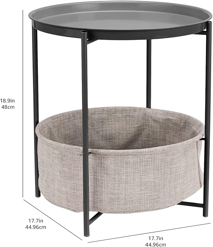 Amazon Basics Round Storage End Table, Nightstand for Bedroom or Living Room, Easy Assembly, with Cloth Basket, Charcoal/Heather Gray, 17.7 x 17.7 x 18.9 in | Side Table