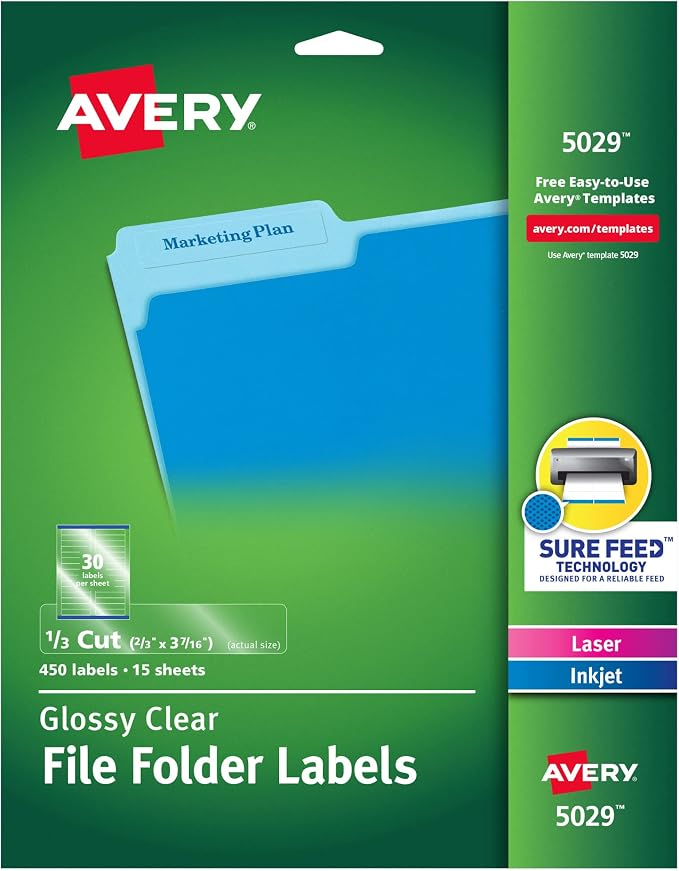 Avery® Clear Self-Adhesive Filing Labels, 2/3" x 3-7/16", 450 Printable Labels, Glossy Clear (5029)