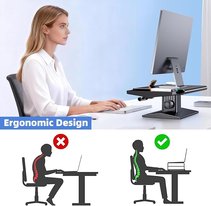 Ergonomic Height Adjustable Monitor Stand Riser,with Hidden Drawer | Knob Height Adjustment, Desktop Organizer for Home & Office Workspace, with Phone Holder & Pen Slot