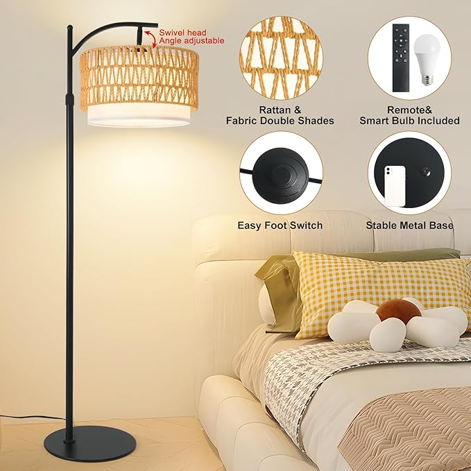 Rustic Black Farmhouse Floor Lamp with Woven Rattan Shade - 12W LED, Remote & Dimmable 3-Color Temp, Tall Standing Lamp for Living Room