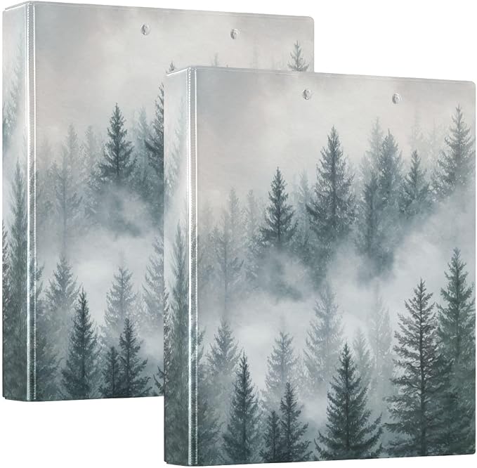 Watercolor Mist Forest Pine Tree Binder 3 Ring 1.5 Inch Binder with Clipboard&Pockets, Hardcover Binders Heavy Duty Large File Folder for Office School Supplies - Holds 200 Sheets, 2 PC