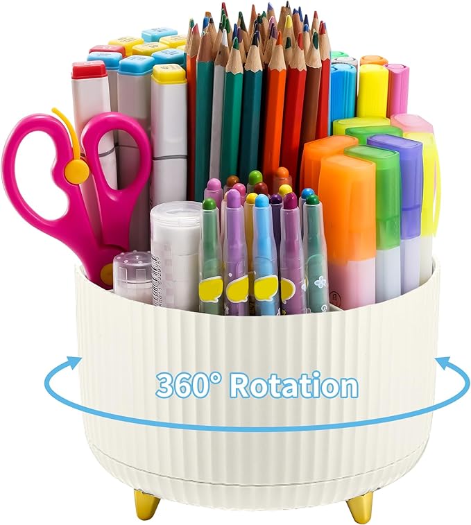 Marbrasse Desk Organizer, 360-Degree Rotating Pen Holder, 5-Compartment Pencil Organizer, Art Supply Storage Box Caddy for Office and Home (Ivory)