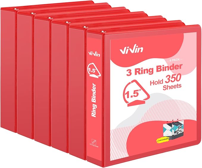 ViVin Sturdy 1.5 Inch 3 Ring Binder with 2 Pockets, 6 Pack, Red | Slant-D Ring Binder, PVC-Free, Customizable Clear View Binder,Holds 350 Sheets of 8.5" x 11" Paper, 2 Interior Pockets