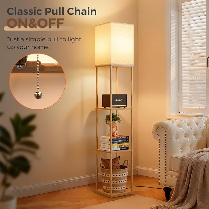 Floor Lamp with Shelves, 3-Tier Modern Square Bookshelf Standing Lamp Wood | 3 Color Temperature Bulb Included, Pull Chain Tall Lamp for Living Room Bedroom Corner Office Apartment Decor