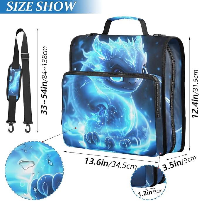 3 D-Ring Zipper Binder Bag, Cute Blue Glowing Dragon Removable Binder with Zipper Case Hold 300+ Sheets& 13 Inch Laptop for School Office Supplies Organizer