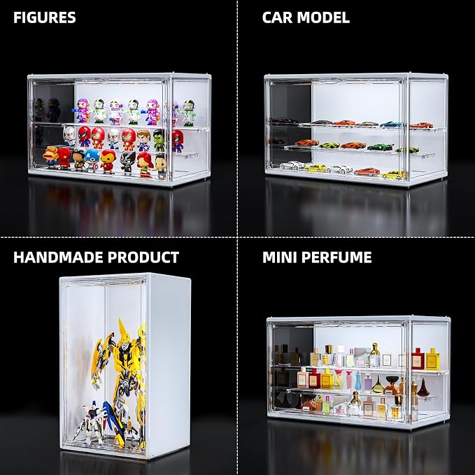 Acrylic Display Case for Collectibles with LED Light, 3 Layer Adjustable Figure Display Case with Magnetic Door, Lighted Display Box Stackable Clear Blind Box for Action Figure, Popmart, 2 Pack