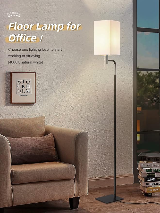 Modern Floor Lamp for Living Room, Linen Shade with Slim Base Design | Fits behind sofas and sectionals|Space-saving design for compact spaces|3 color temperatures for bedrooms and offices