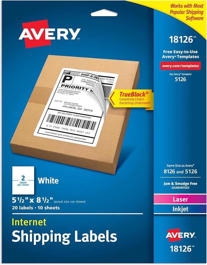 Avery Half-Sheet Printable Shipping Labels, 5.5" x 8.5" Customizable Stickers, White, 20 Blank Mailing Labels, Great for Mailing, Shipping, Organizing, and More (18126)