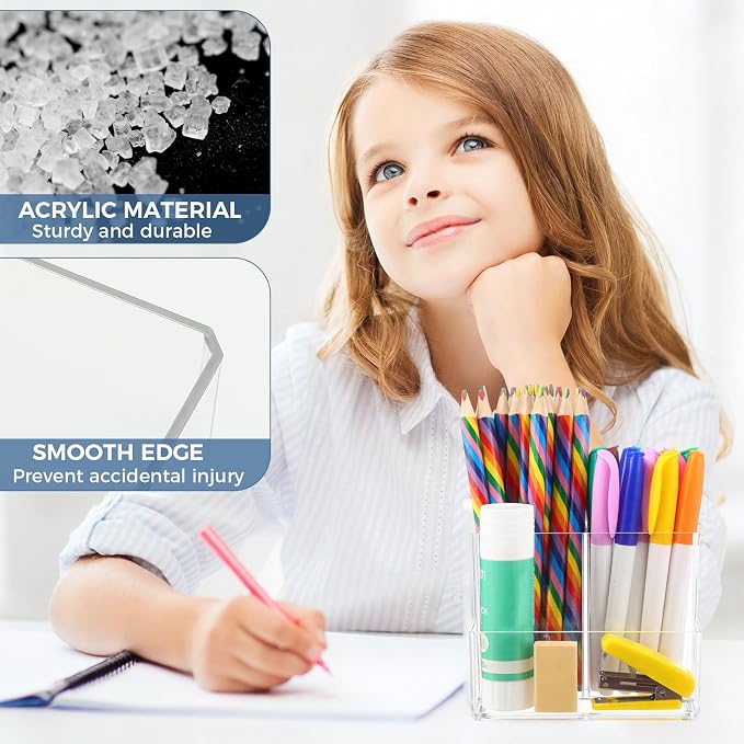 12 Pcs Acrylic Pencil Holder with 3 Compartments, Clear Desktop Pen and Sticky Note Holder Makeup Brush Organizer Cup for Desk Home Vanity Office Classroom Stationery Supplies