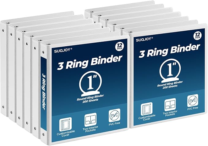 1 Inch 3 Ring Binders 12 Pack, Clear View Binder Bulk, White PVC-Free 3-Ring Binders for School, Office or Home, Fits 8.5 x 11 Inches Paper