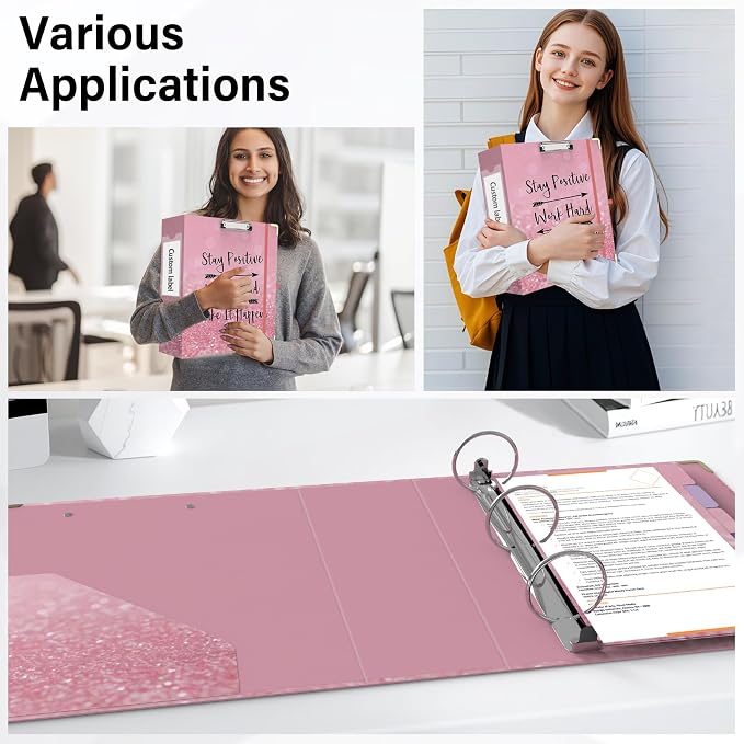 3 Ring Binder 3 Inch Round Ring Binder with 6 Tab Dividers，2 Interior Pockets，Cute Binder Clipboard with Storage, for School Office, Portfolio Organizer with Labels(Stay Positive)