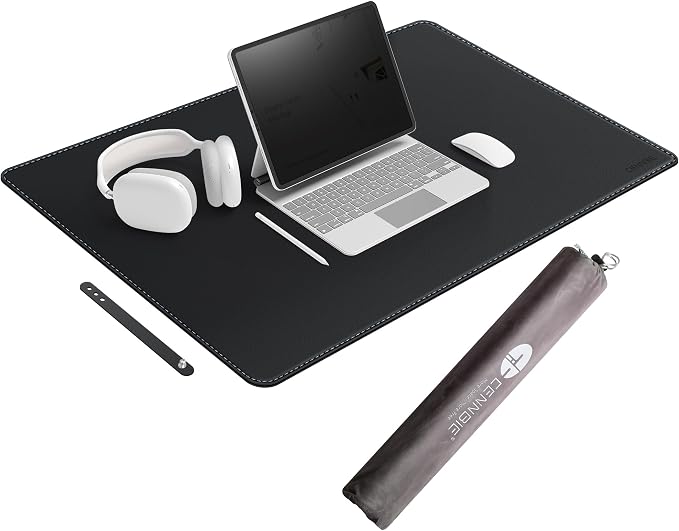 CENNBIE Leather Desk Mat Large, 43.6" x 23.6" Extended Mouse Pad (Black) | Premium Stitched Edges Resist Wear. Waterproof, Non-Slip & Easy To Clean. Protects Desk From Scratches. For Office & Home.