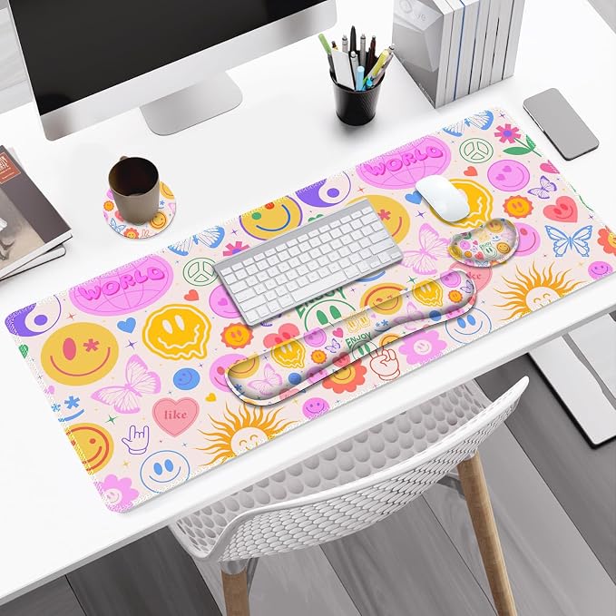 Large Gaming Mouse Pad Set, 4 in 1 Extended Keyboard Desk Mat with Wrist Rest, PC Computer Game Mousepad Set, Non-Slip Desk Pad Protector Easy Typing Pain Relief for Home Office I Hippie Smile