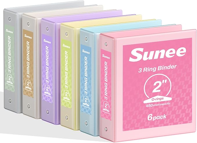 SUNEE 2 Inch Binders 3 Ring 6 Pack, Clear View Three Ring 2" Binders PVC-Free (Fit 8.5x11 Inches) for School or Office Supplies, Pastel 6 Colors