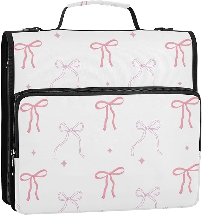 Pink Bows Star White Zipper Binder with Shoulder Strap Bag 3 Ring Binder Organizer Large Capacity Multiple Compartments for School Office