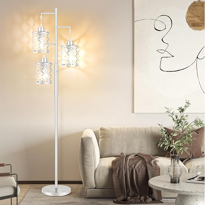 Dimmable Floor Lamp, Farmhouse Standing Lamp with Elegant Metal Cage, Industrial Tall Tree Floor Lamps for Living Room Bedroom Study Room Office, 3 x 800LM LED Bulbs Included - 68", Silver