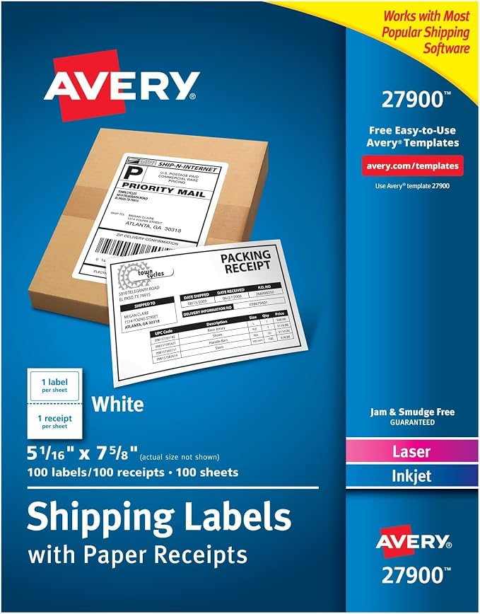 Avery Printable Shipping Labels with Paper Receipts, 5-1/16" x 7-5/8", White, 100 Blank Mailing Labels (27900) (Pack of 5)