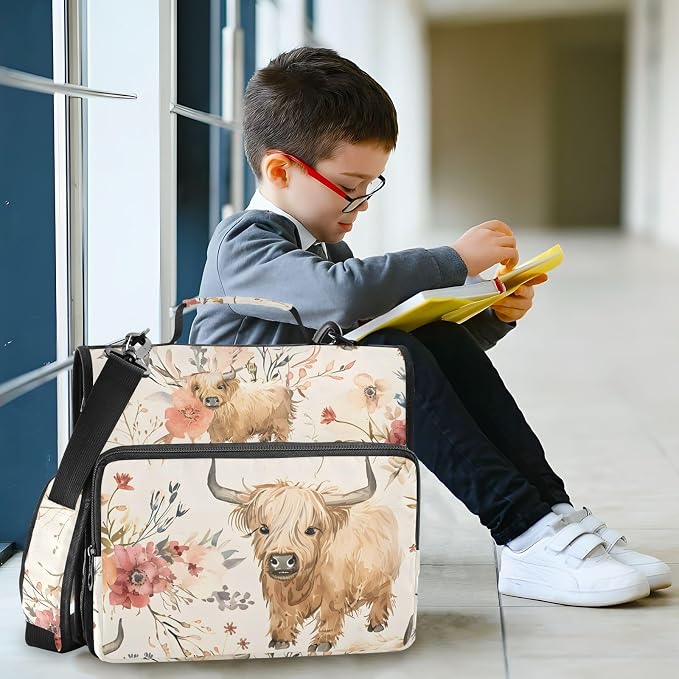 Cute Highland Cows Flowers 3 Ring Binder Bag 1.5 inch Binder Organizer with Zipper Shoulder Strap 500 Sheet Documents Storage for School Office