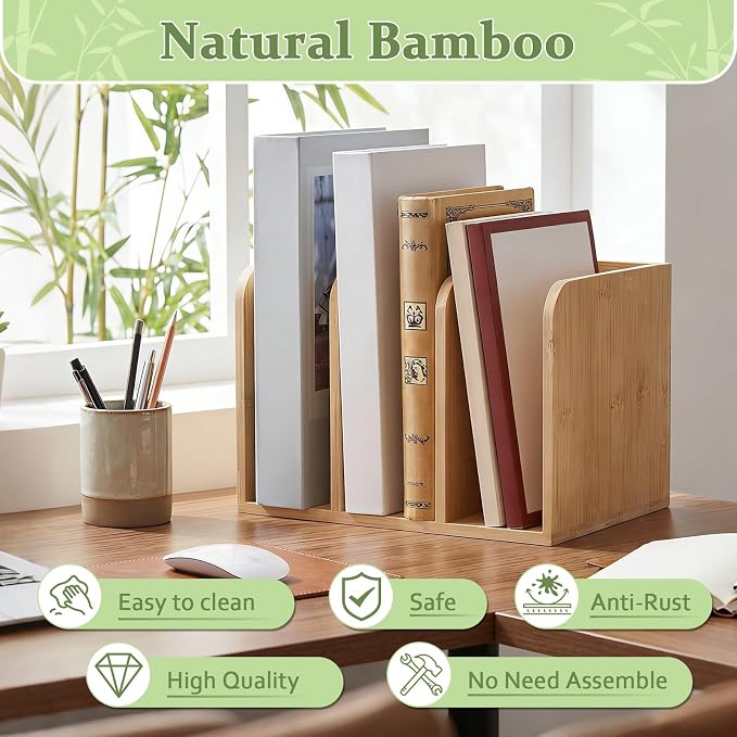 Novabright Bamboo Wooden 3-compartment File Magazine Holder | Vertical Compartments Keep Magazines, Binders, Notebooks, Folders, and Envelopes Separated, Organized, and Easy to Access