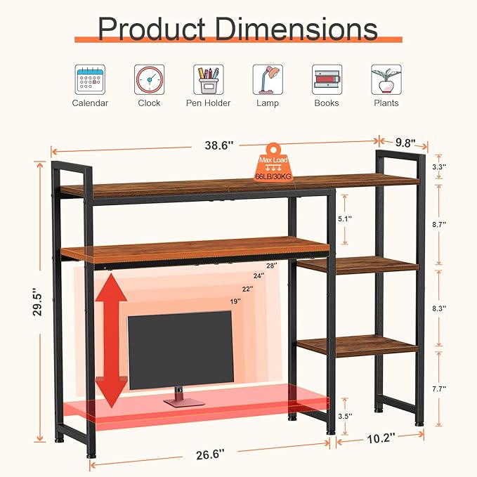 Snughome Adjustable Desk Shelf with Monitor Stand, 38.6" Desktop Organizer Hutch, Height Adjustable Computer Monitor Riser & 4 Tier Storage Bookshelf for Home Office Dorm