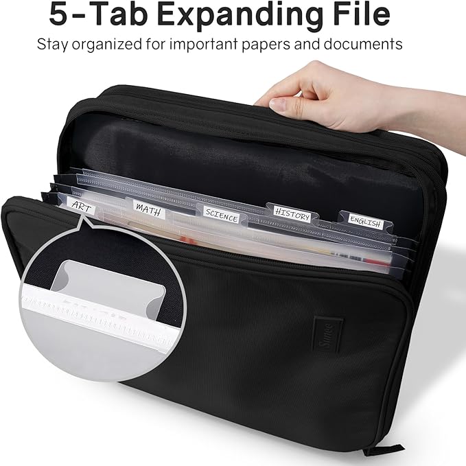 SUNEE Zippered Binder Bag with Handle, 2-Inch 3-Ring O-Ring, 500-Sheet Capacity, Includes Zip Pocket, 5-Tab Expanding File Folder, Multi-Pocket Organizer Binder for Middle School, Black