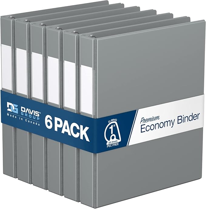 Premium Economy 6-Pack 3-Ring Binders for School or Office, D-Ring Binders, 1 Inch, Gray