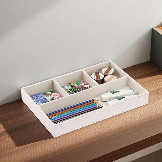 PU Leather Desk Drawer Organizer, 4 Compartment Office Supplies Stationery Storage Tray, Desk Organizers and Accessories Drawer Organizer Tray for Home, Makeup, Jewelry Stackable White