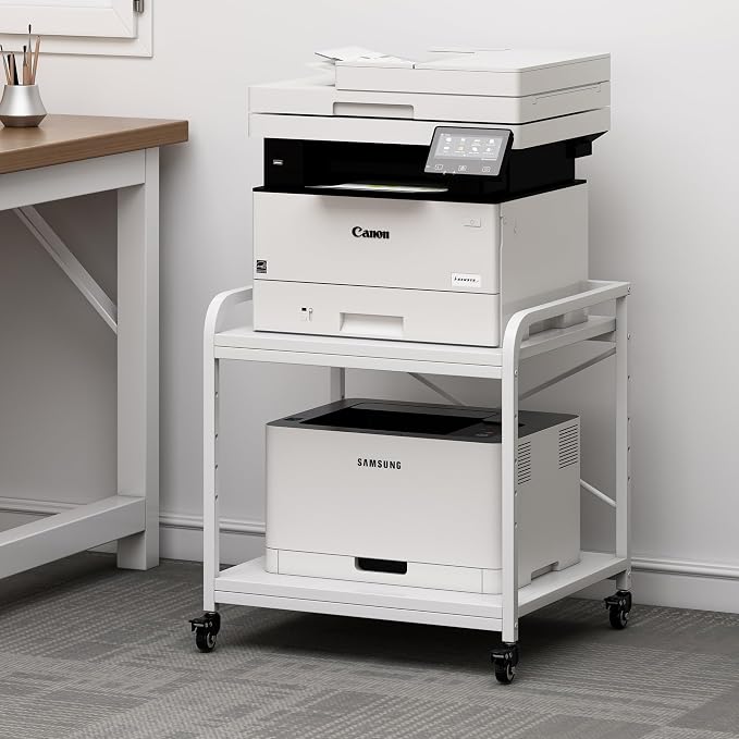 Fannova Large Printer Stand for Under Desk Storage, Adjustable Top Shelf | Table Top 20"x20", Fits 3D/Laser Printer, Easy Roll Industrial Wheels, Heavy Duty 2 Tier Printer Cart for Home Office, White