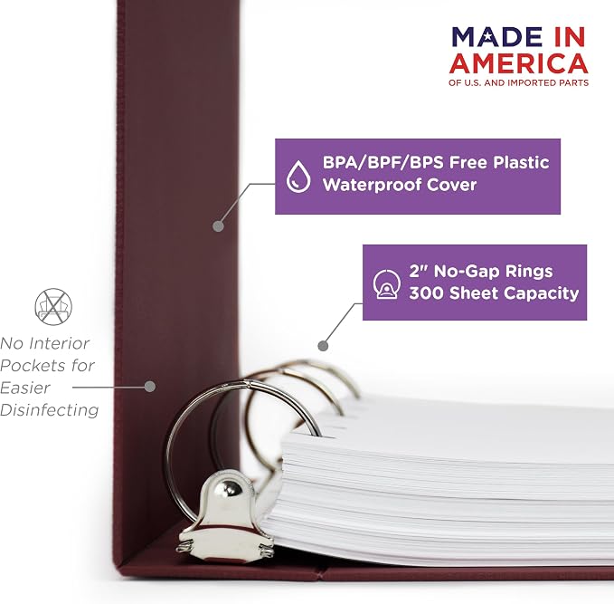 Carstens 2-Inch Heavy Duty 3-Ring Binder - Side Opening, Wine, Durable Plastic, No-Gap Rings, Waterproof Covers, No Pockets, Holds 300 Letter-Sized Sheets, BPA-Free, Made in USA (2823-3R), Case of 16
