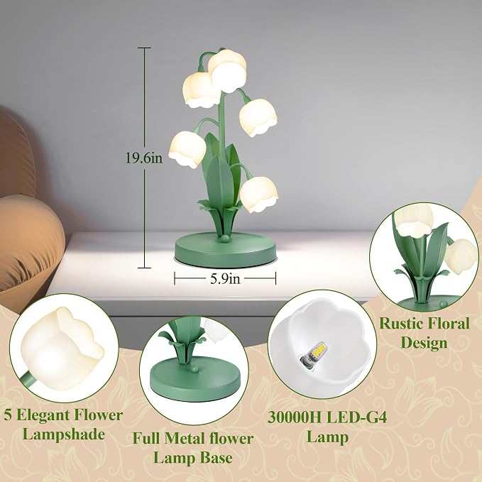 WERFOP Vintage Lily of the Valley Flower Table Lamp Green | 3 Color Adjustable LED Bedside Lamp, Cute Night Light for Bedroom, Living Room, Dorm Room, Office & Home Decor (Green)