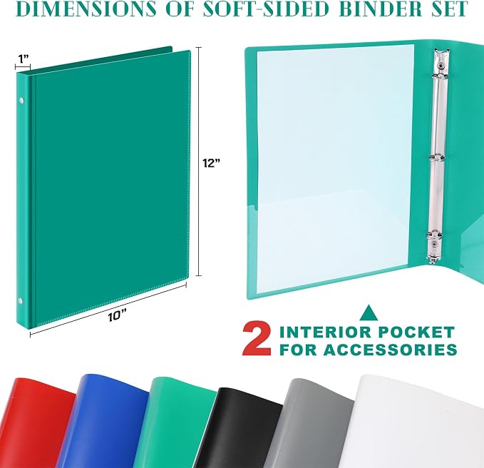 Fulmoon 6 Pack 1 Inch Plastic 3 Ring Binders with Pockets, Classic Colors | Flexible Covers with Round Rings and Front Pockets for Organizing Papers at School, Office, Meetings and Presentations
