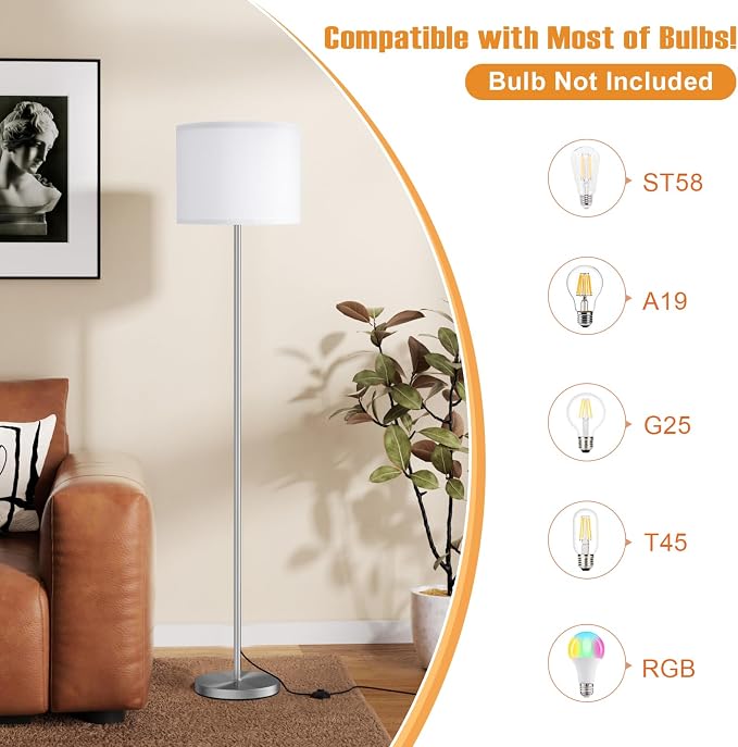 60'' Modern Floor Lamp with Shade, Tall Lamps for Living Room, Bedroom, Office, Dining Room, White Shade with Silver Pole(Without Bulb)