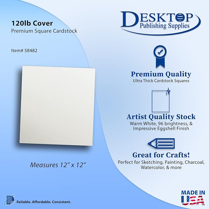 White Cardstock Squares 12" x 12" Eggshell Finish 120lb Cover - 100 Pack | Artist Quality Ultra-Thick (325gsm) Stock For Spin Art Refills, Drawing, Watercolor, Charcoal, Mixed Media, And Crafts