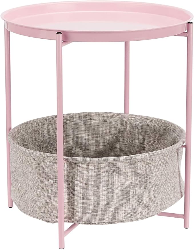 Amazon Basics Round End Table with Storage Bin, Easy Assembly, Bedroom Accent Table, 17.7" D x 17.7" W x 18.9" H, Dusty Pink | Side Table